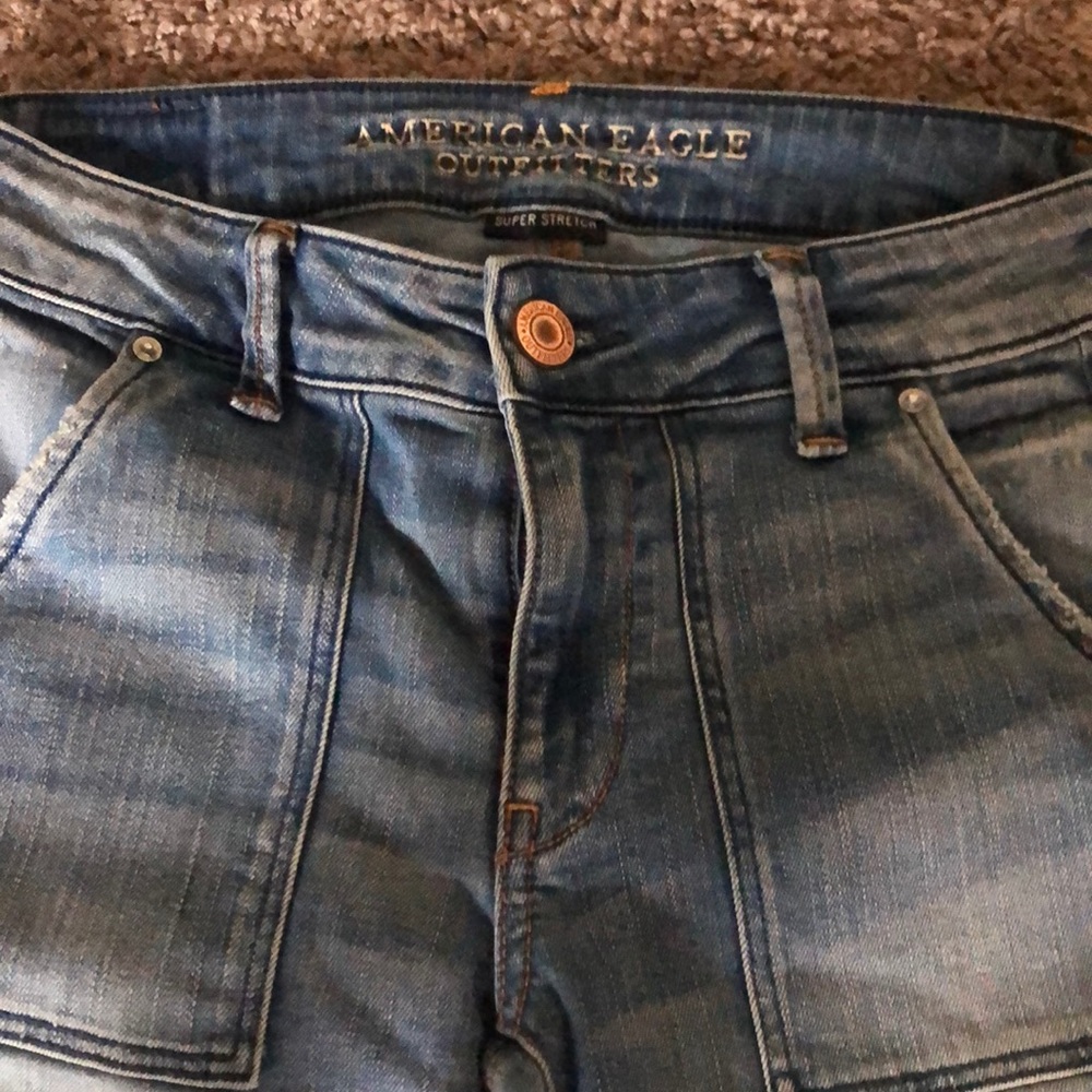 AE . Blue super stretch wide leg long jeans.